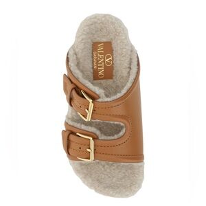 💯 Authentic Valentino Garavani Tan FUSSFRIEND DOUBLE BUCKLE SLIP- ON Sandals